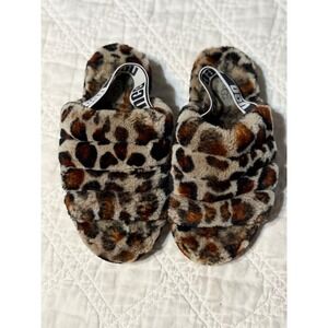 UGG Fluff Yeah Leopard Print Slides Womens 8 Tan Black Animal Slipper